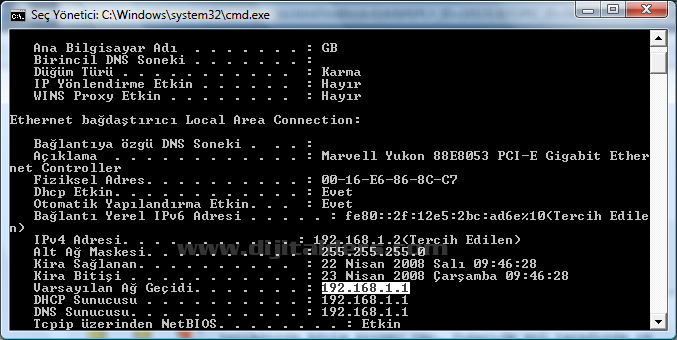 Ip Adresi,dhcp,alt Ağ Maskesi,varsayılan Ağ Ge&ccedil;iti